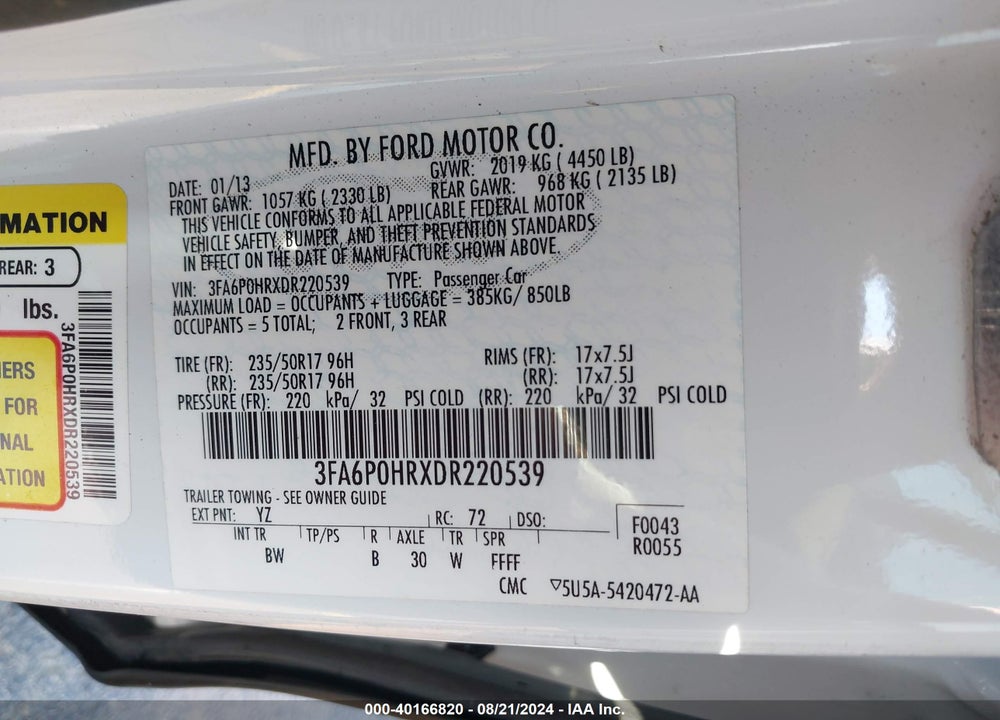 2013 FORD FUSION SE VIN: 3FA6P0HRXDR220539