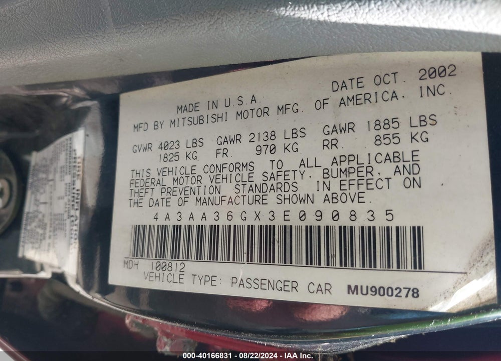 2003 MITSUBISHI GALANT DE VIN: 4A3AA36GX3E090835