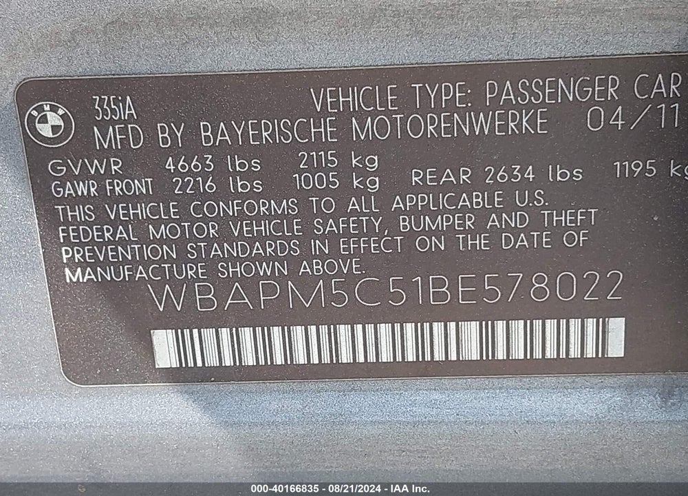 2011 BMW 335I VIN: WBAPM5C51BE578022