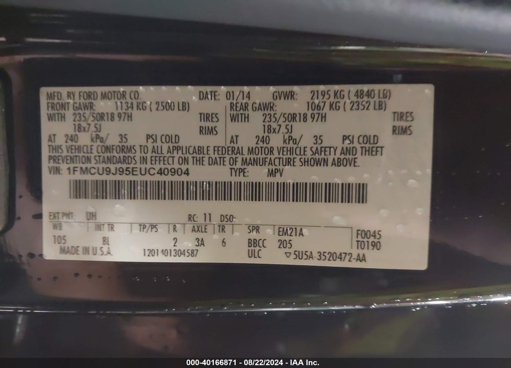 2014 FORD ESCAPE TITANIUM VIN: 1FMCU9J95EUC40904