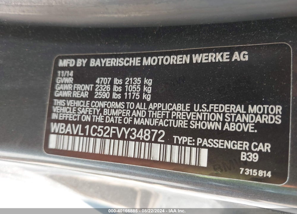 2015 BMW X1 XDRIVE28I VIN: WBAVL1C52FVY34872