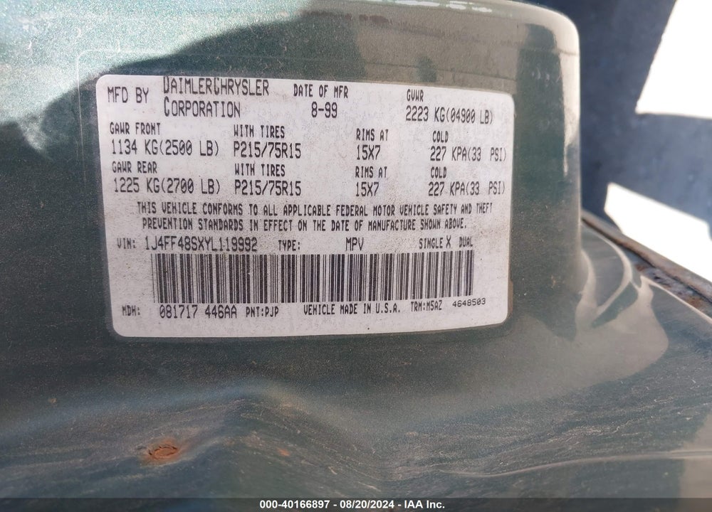 2000 JEEP CHEROKEE SPORT VIN: 1J4FF48SXYL119992