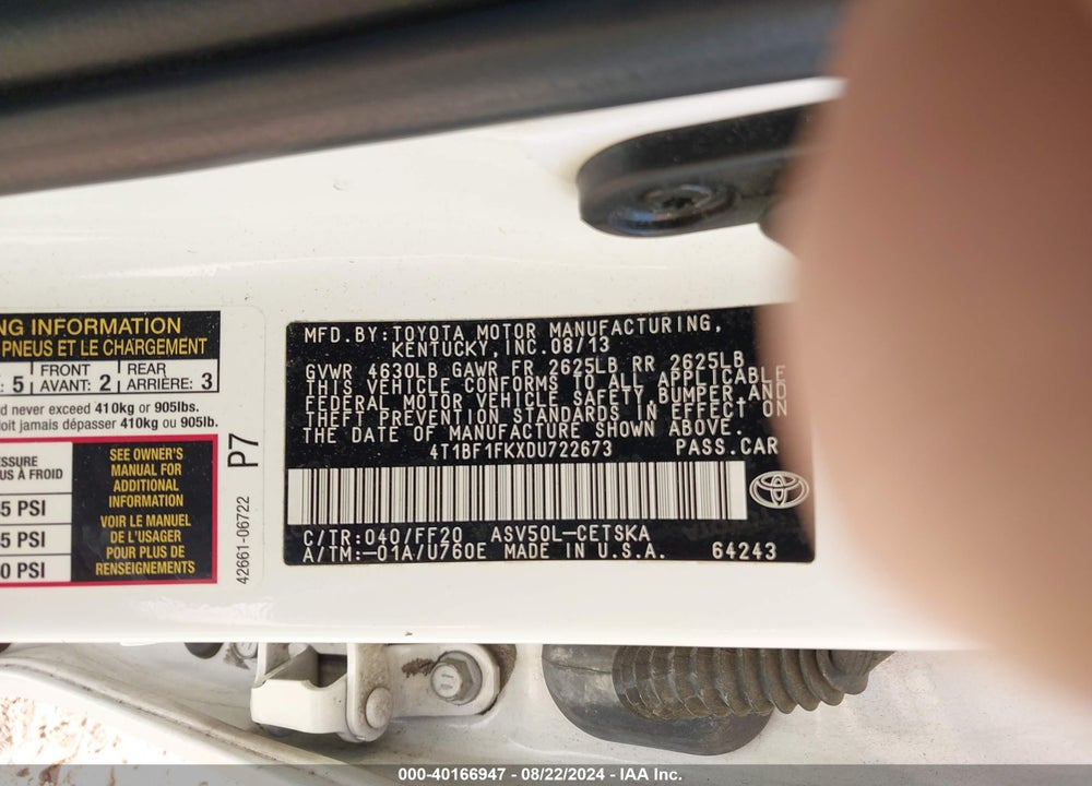 2013 TOYOTA CAMRY SE VIN: 4T1BF1FKXDU722673