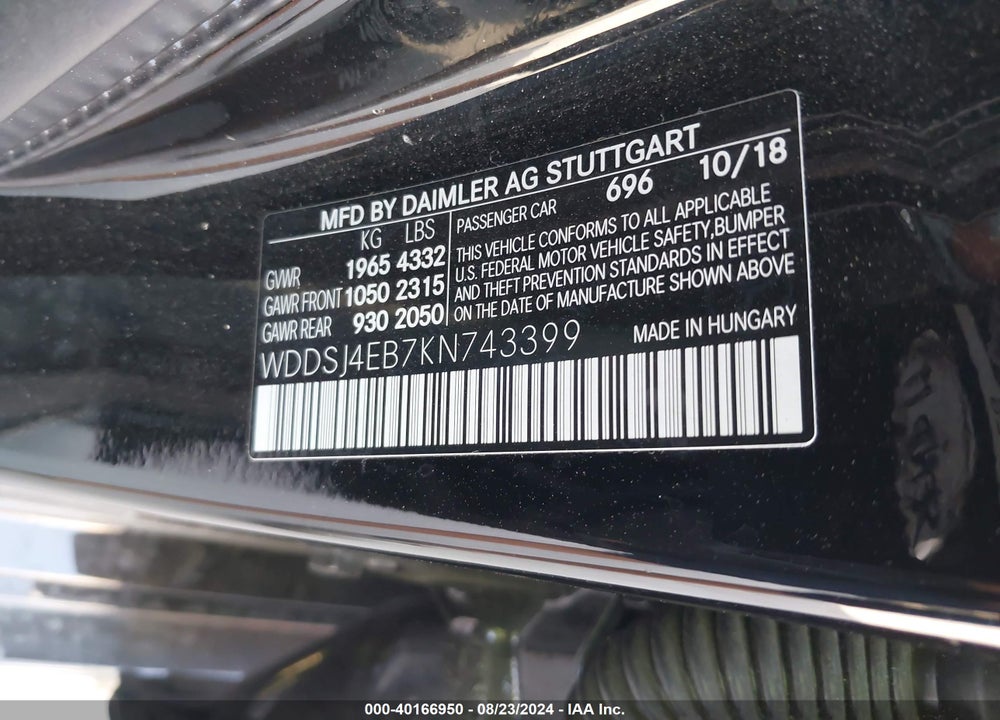 2019 MERCEDES-BENZ CLA 250 VIN: WDDSJ4EB7KN743399