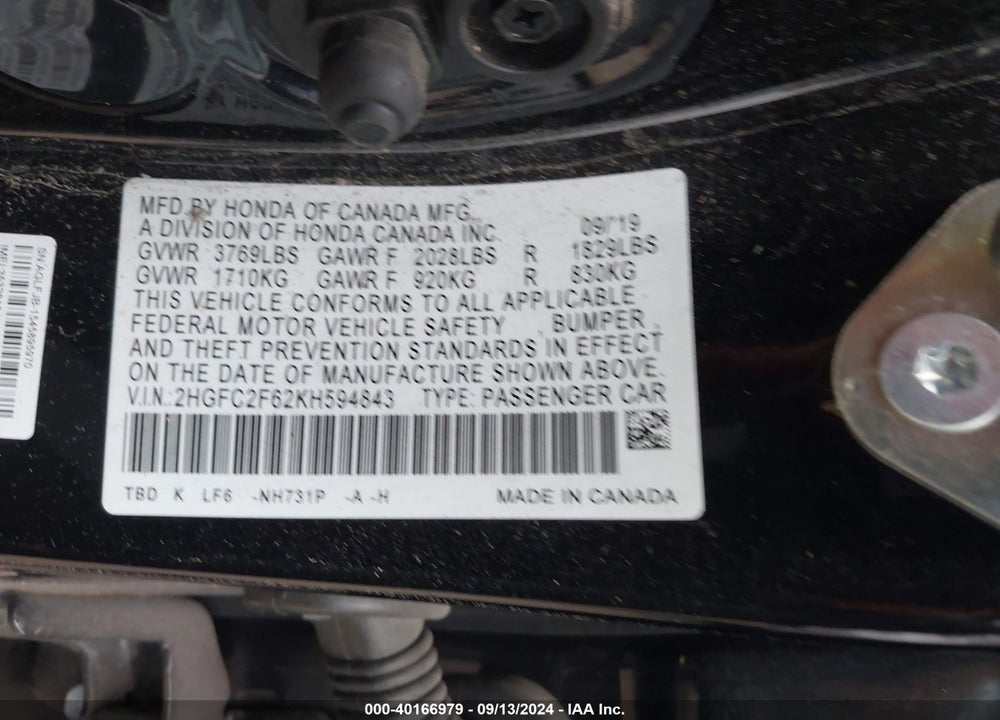 2019 HONDA CIVIC LX VIN: 2HGFC2F62KH594843