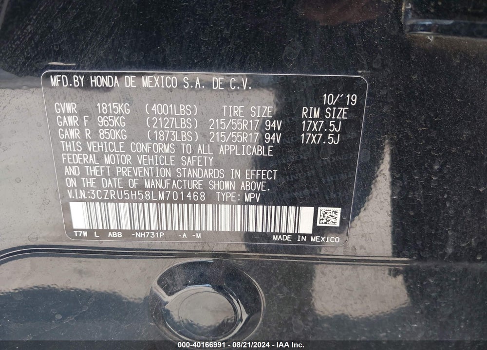 2020 HONDA HR-V 2WD EX VIN: 3CZRU5H58LM701468