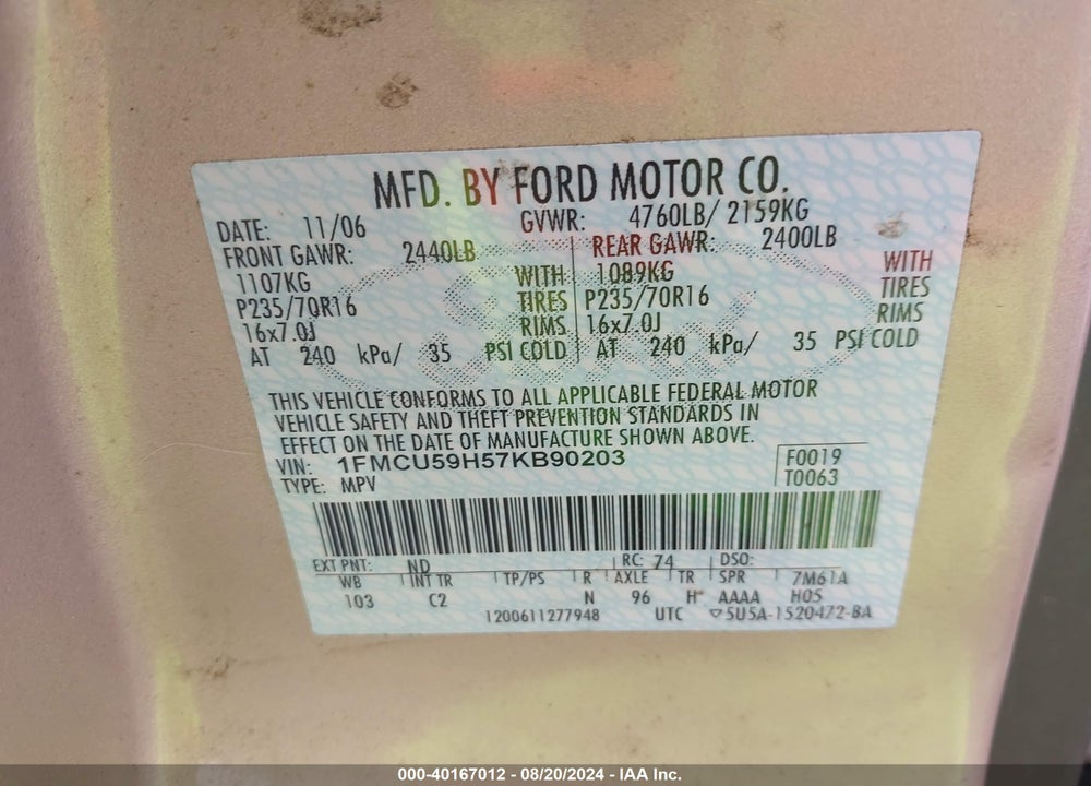 2007 FORD ESCAPE HYBRID VIN: 1FMCU59H57KB90203