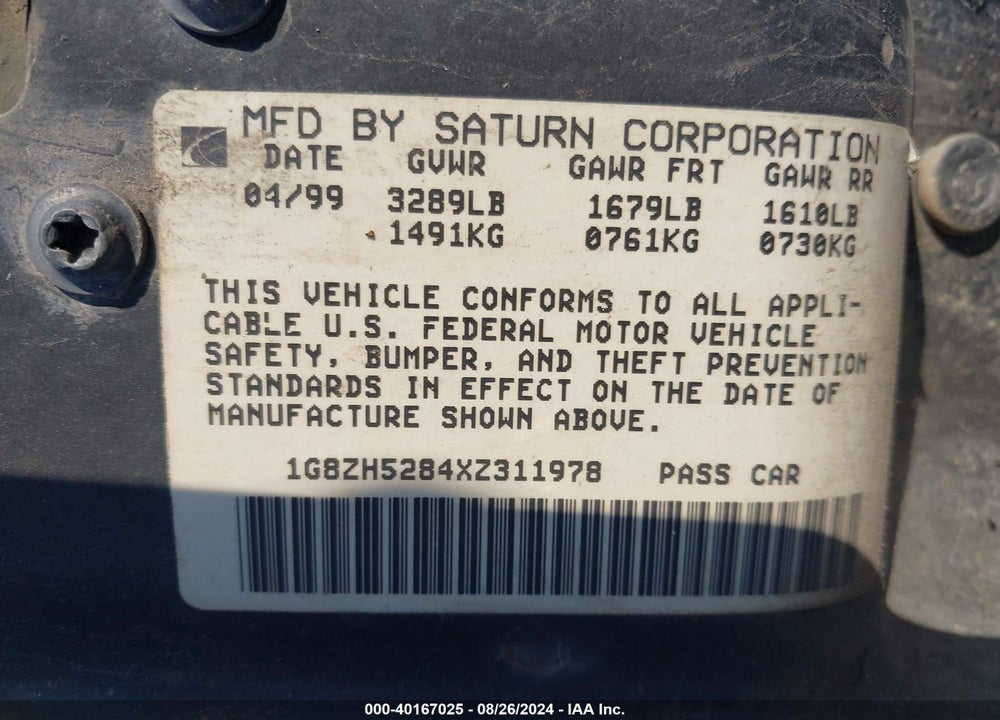 1999 SATURN SL1 VIN: 1G8ZH5284XZ311978