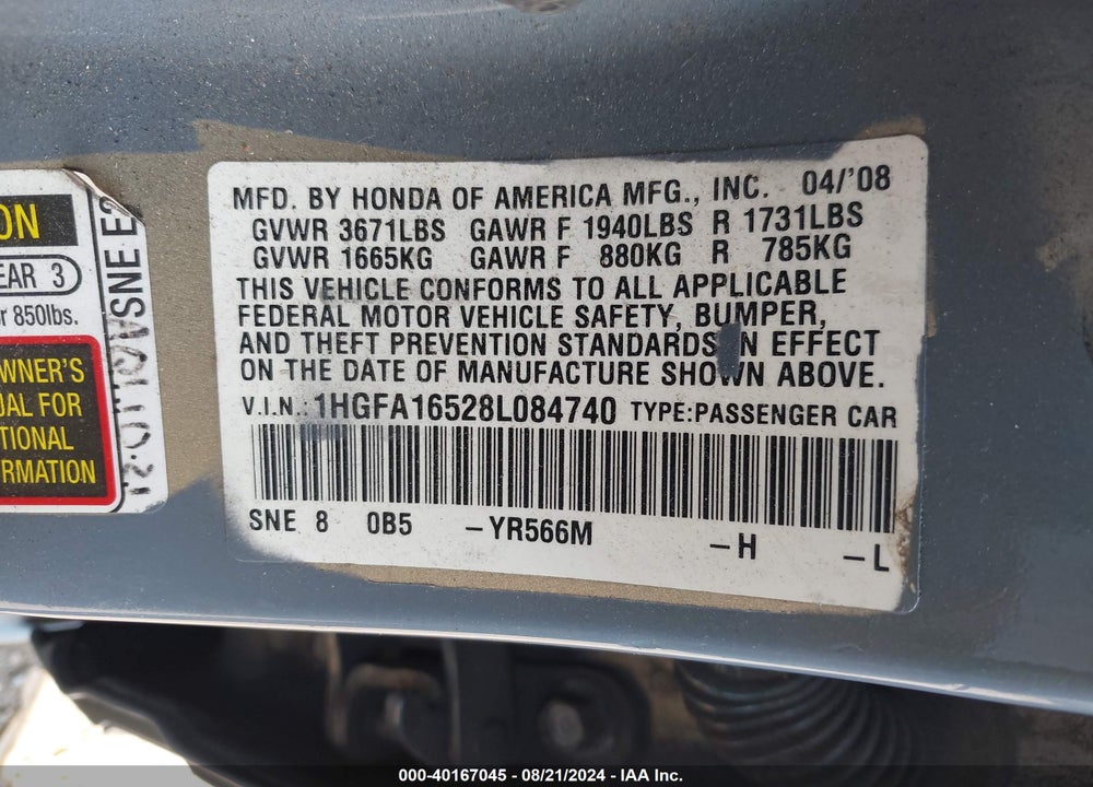 2008 HONDA CIVIC SDN LX VIN: 1HGFA16528L084740
