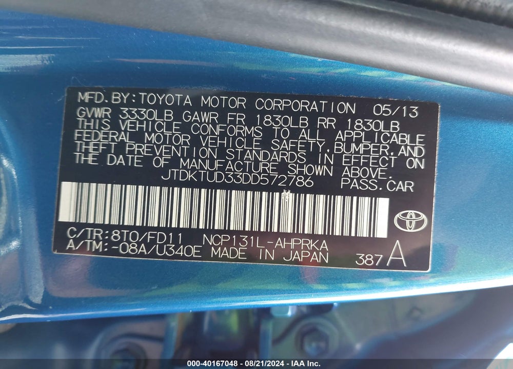 2013 TOYOTA YARIS SE VIN: JTDKTUD33DD572786