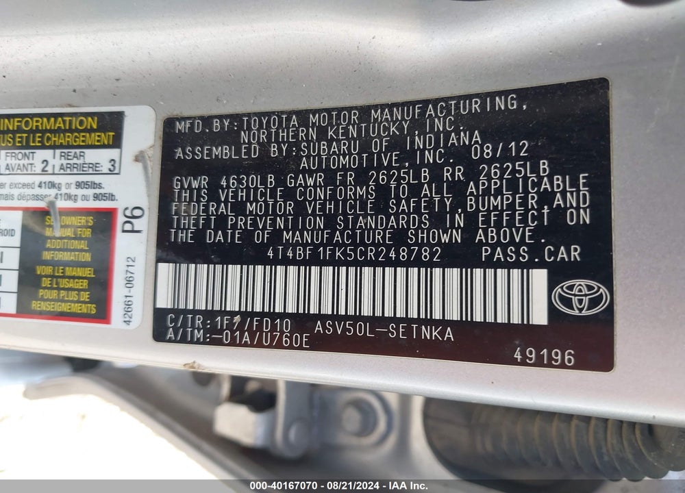 2012 TOYOTA CAMRY LE VIN: 4T4BF1FK5CR248782