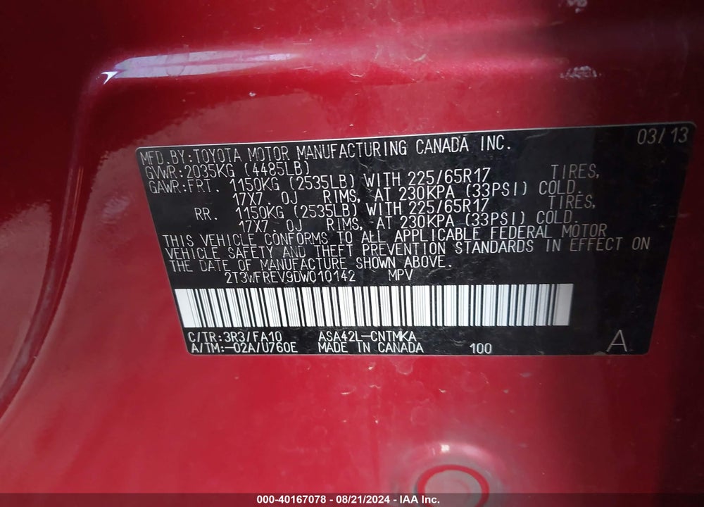 2013 TOYOTA RAV4 XLE VIN: 2T3WFREV9DW010142