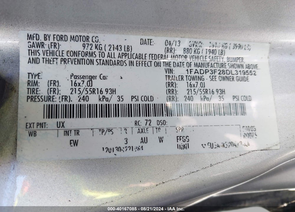 2013 FORD FOCUS SE VIN: 1FADP3F28DL319552