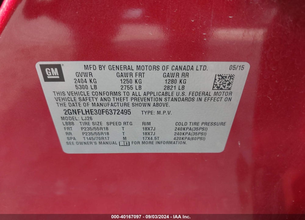 2015 CHEVROLET EQUINOX LTZ VIN: 2GNFLHE30F6372495