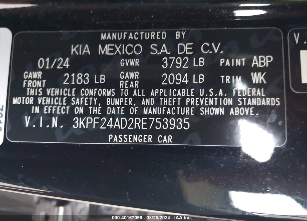 2024 KIA FORTE LXS VIN: 3KPF24AD2RE753935