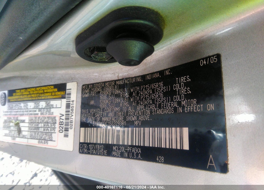 2005 TOYOTA SIENNA LE VIN: 5TDZA23C15S329381