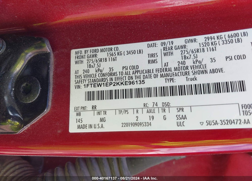 2019 FORD F-150 XLT VIN: 1FTEW1EP2KKE96135