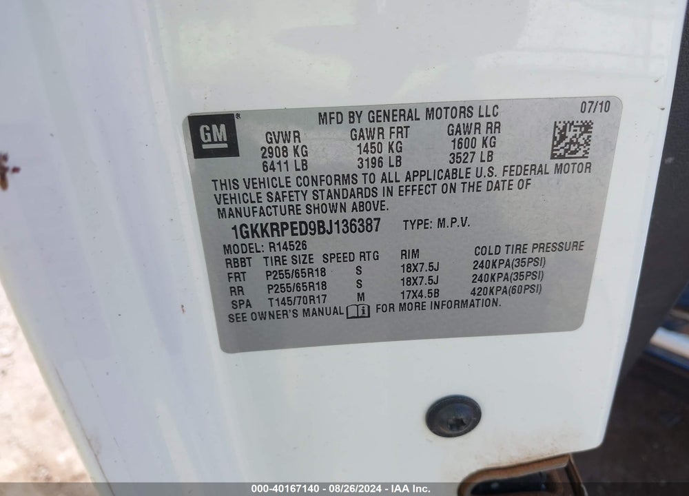 2011 GMC ACADIA SLE VIN: 1GKKRPED9BJ136387