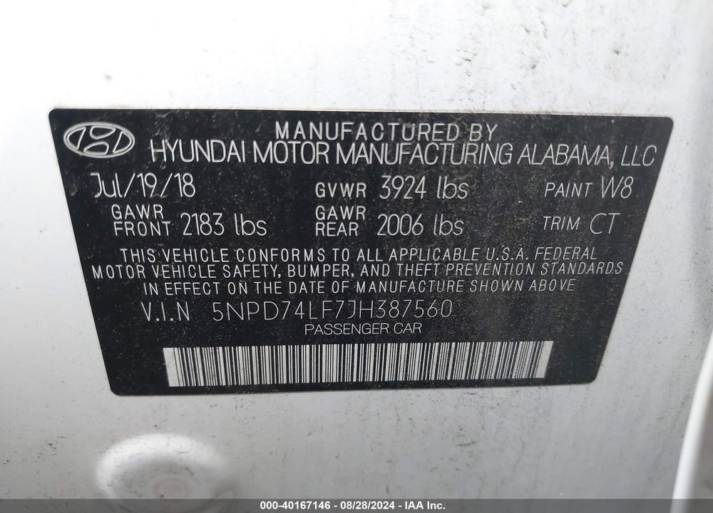 2018 HYUNDAI ELANTRA SE VIN: 5NPD74LF7JH387560