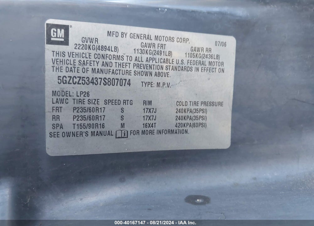 2007 SATURN VUE V6 VIN: 5GZCZ53437S807074