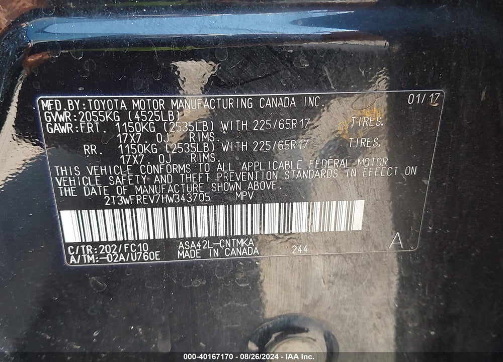 2017 TOYOTA RAV4 XLE VIN: 2T3WFREV7HW343705