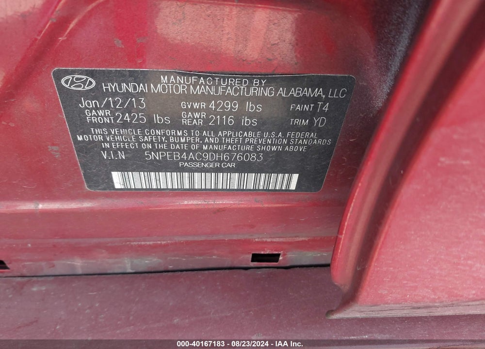 2013 HYUNDAI SONATA GLS VIN: 5NPEB4AC9DH676083