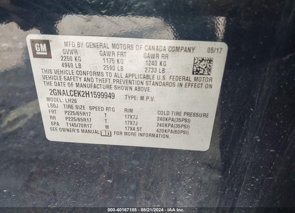 2017 CHEVROLET EQUINOX LT VIN: 2GNALCEK2H1599949