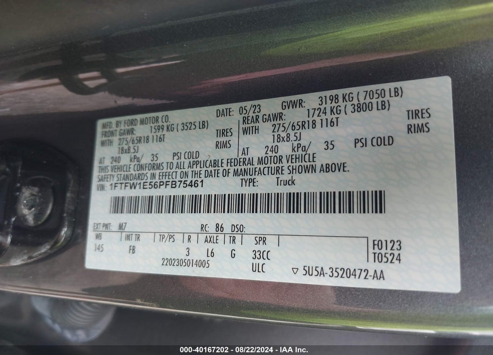 2023 FORD F-150 XLT VIN: 1FTFW1E56PFB75461