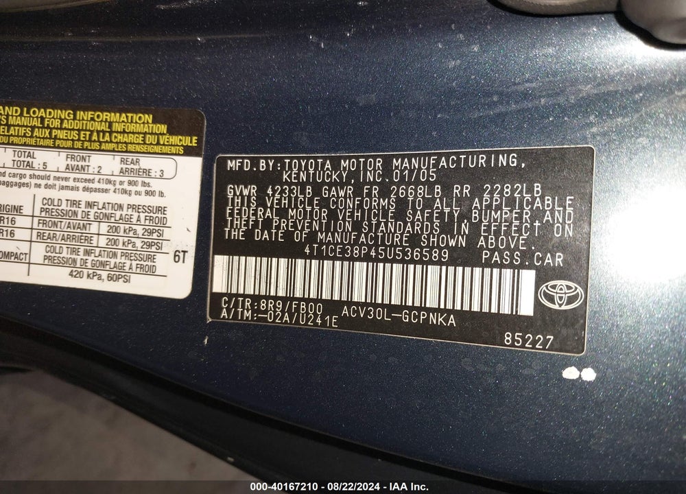2005 TOYOTA CAMRY SOLARA VIN: 4T1CE38P45U536589