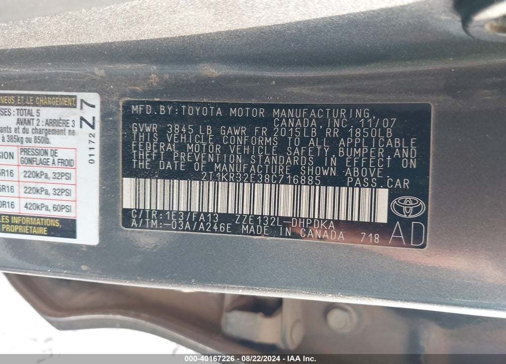 2008 TOYOTA MATRIX VIN: 2T1KR32E38C716885