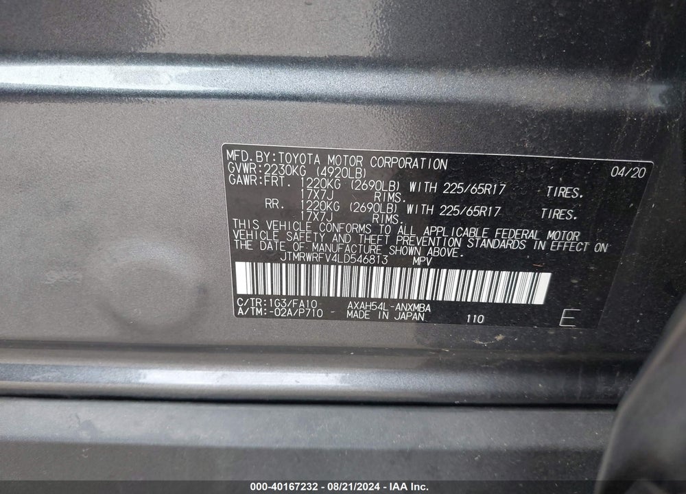 2020 TOYOTA RAV4 HYBRID XLE VIN: JTMRWRFV4LD546813