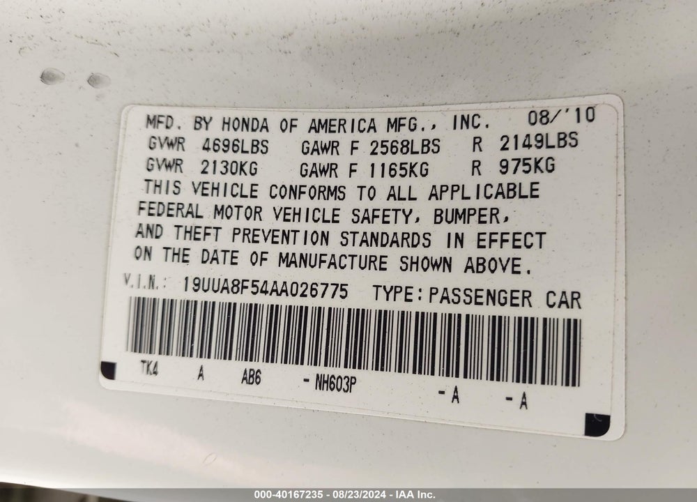 2010 ACURA TL 3.5 VIN: 19UUA8F54AA026775