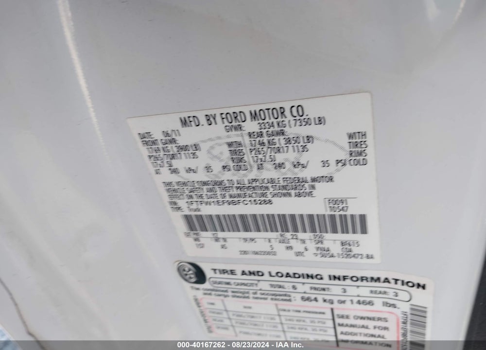 2011 FORD F-150 XL VIN: 1FTFW1EF9BFC15288