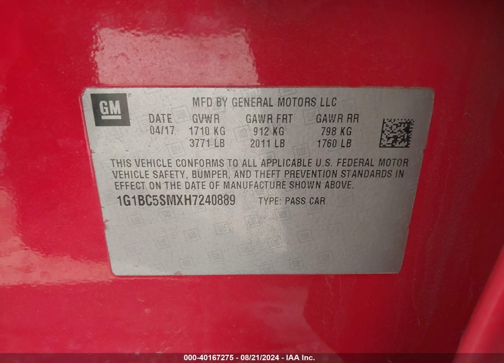 2017 CHEVROLET CRUZE LS AUTO VIN: 1G1BC5SMXH7240889