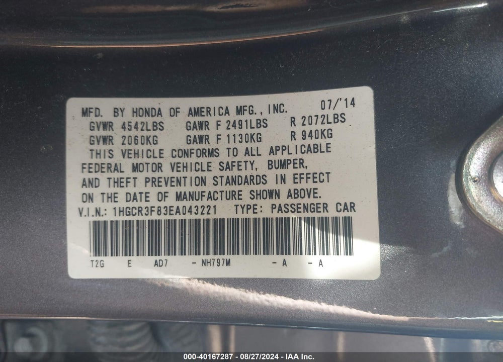 2014 HONDA ACCORD EX-L V-6 VIN: 1HGCR3F83EA043221