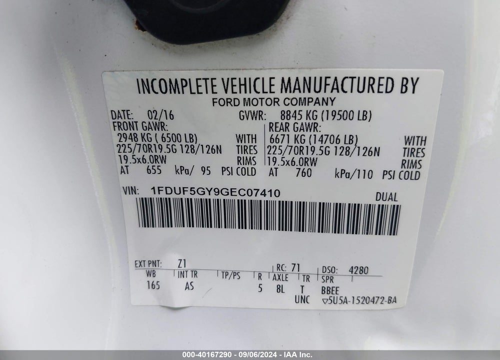 2016 FORD F-550 CHASSIS XL VIN: 1FDUF5GY9GEC07410