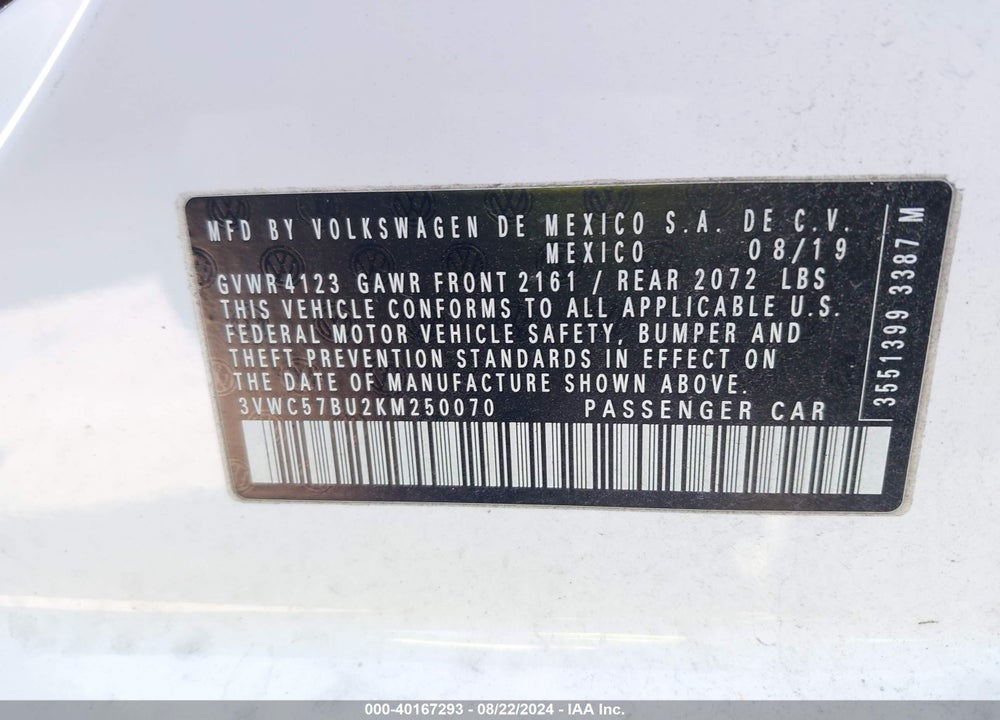 2019 VOLKSWAGEN JETTA 1.4T R-LINE/1.4T S/1.4T SE VIN: 3VWC57BU2KM250070