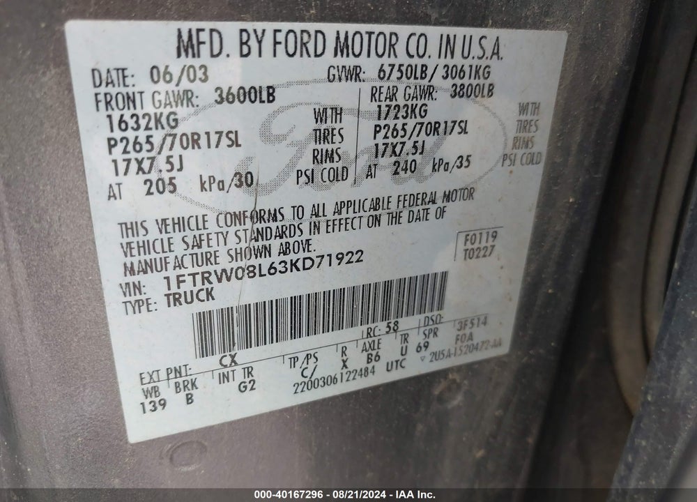 2003 FORD F-150 LARIAT/XLT VIN: 1FTRW08L63KD71922