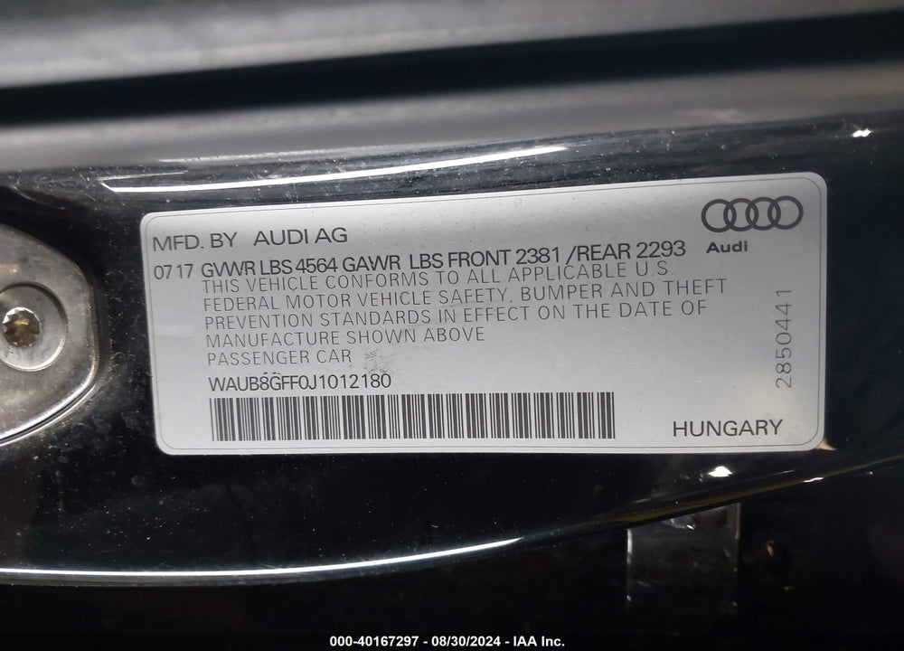 2018 AUDI A3 2.0T PREMIUM/2.0T TECH PREMIUM VIN: WAUB8GFF0J1012180