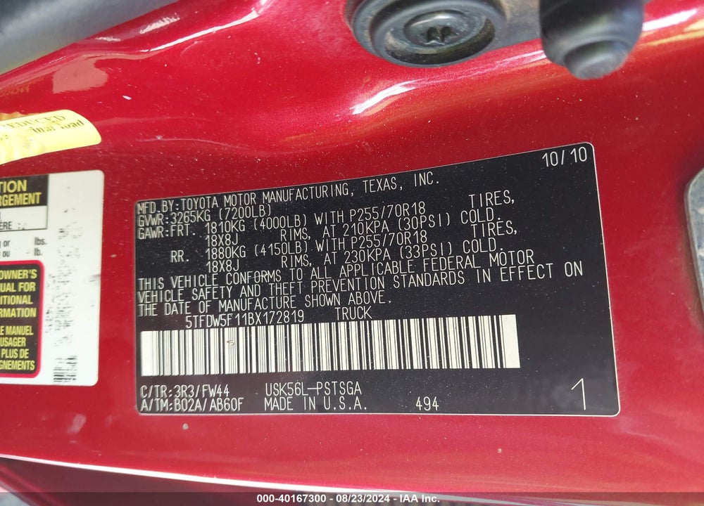 2011 TOYOTA TUNDRA GRADE 5.7L V8 VIN: 5TFDW5F11BX172819