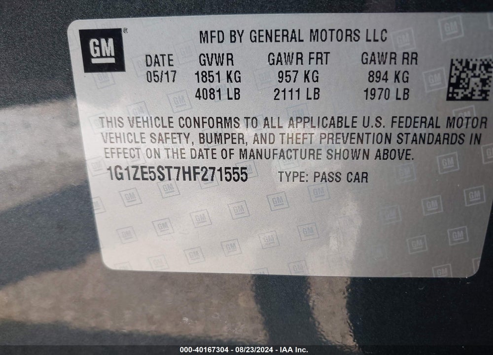 2017 CHEVROLET MALIBU VIN: 1G1ZE5ST7HF271555