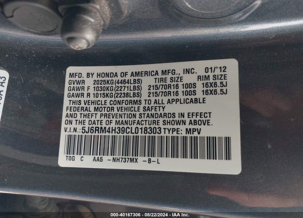 2012 HONDA CR-V LX VIN: 5J6RM4H39CL018303