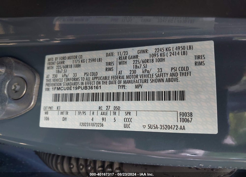 2023 FORD ESCAPE PHEV VIN: 1FMCU0E19PUB36161