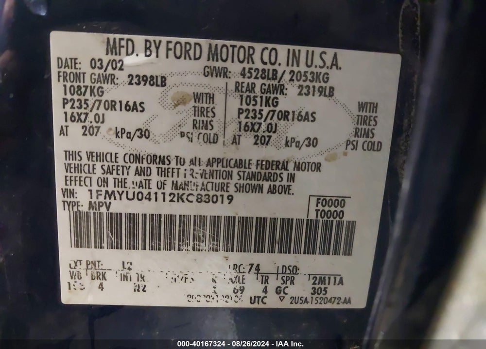 2002 FORD ESCAPE XLT VIN: 1FMYU04112KC83019