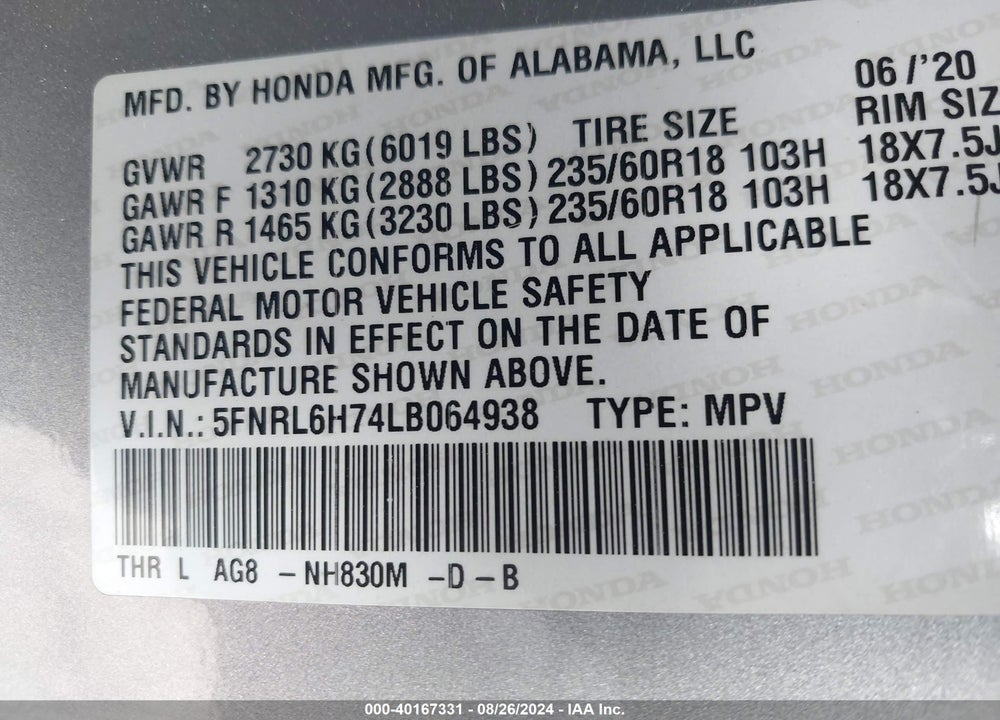 2020 HONDA ODYSSEY VIN: 5FNRL6H74LB064938