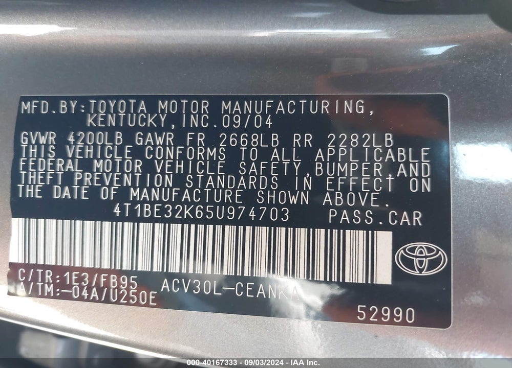 2005 TOYOTA CAMRY LE VIN: 4T1BE32K65U974703