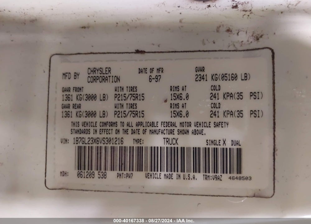 1997 DODGE DAKOTA SLT/SPORT VIN: 1B7GL23X6VS301216