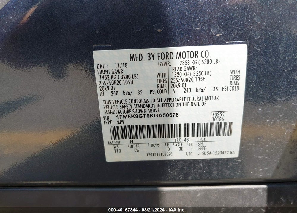 2019 FORD EXPLORER SPORT VIN: 1FM5K8GT6KGA50678