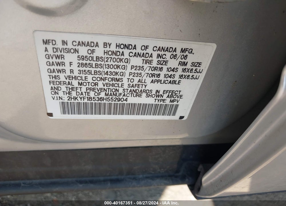 2006 HONDA PILOT EX-L VIN: 2HKYF18536H552904