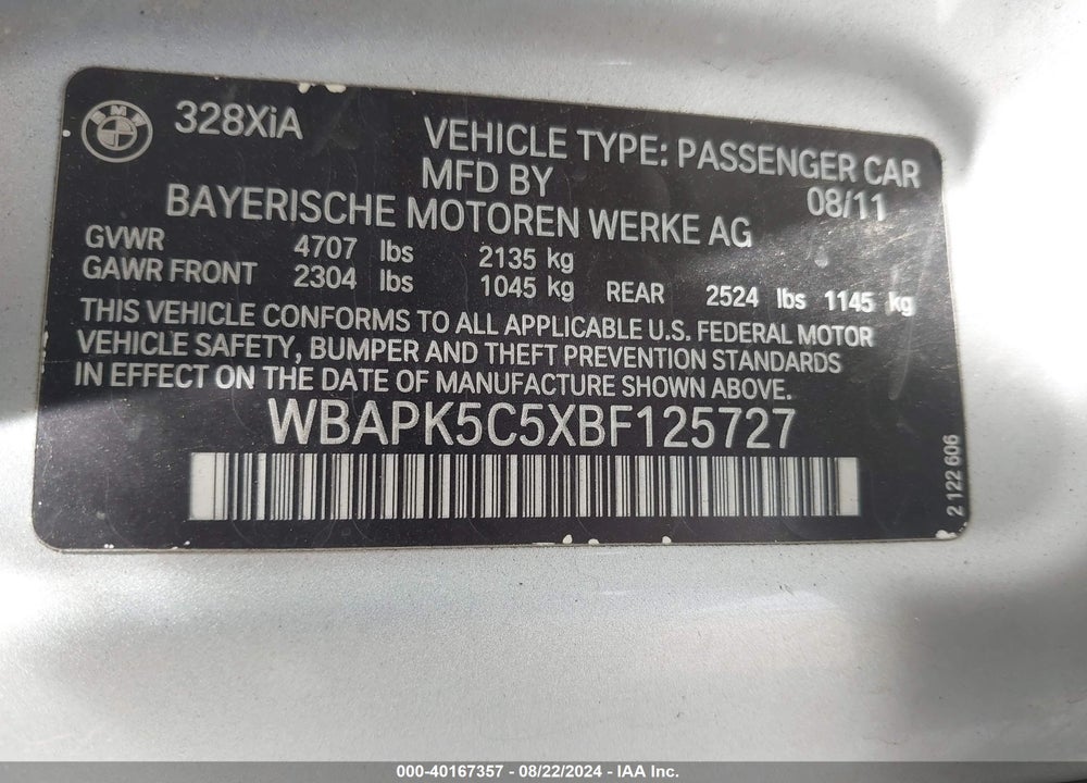 2011 BMW 328I XDRIVE VIN: WBAPK5C5XBF125727